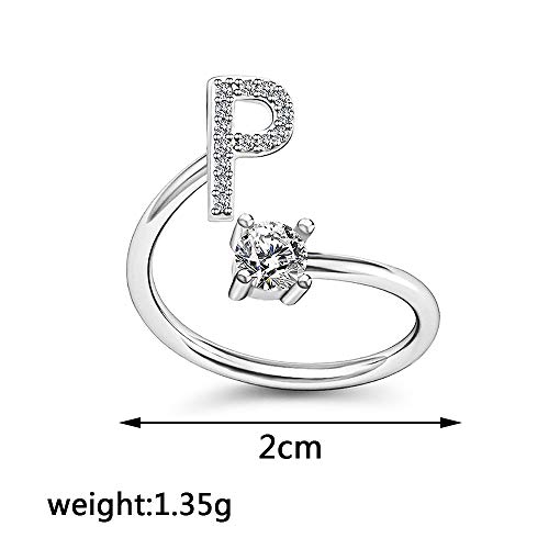 Image of HUJUON Silver Initial Letter Ring for Women. Adjustable Crystal Alphabet Ring,Name Initials Stackable Knuckle Rings A-Z CZ Open Ring