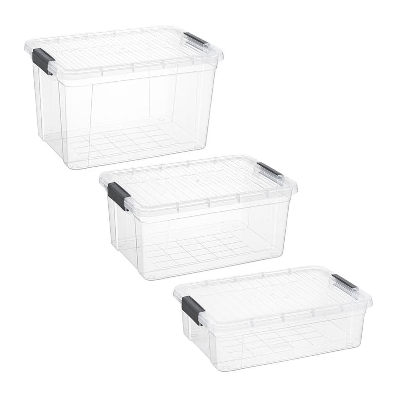 Superio Clear Storage Boxes with Lid, 3 Pack Plastic Container Bins for Organizing, Stackable Crates, BPA Free, Non Toxic, Odor Free, Organizers for Home, Office, School, and Dorm (22.7, 36 and 49 Qt)