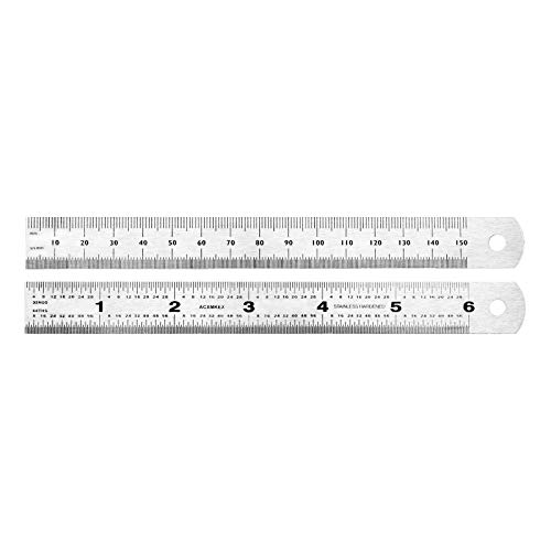ACXMKEX 6 Inch Stainless Steel Ruler, 2 Pack Metal Ruler set, Machinist Ruler with Centimeters And Inches - 1/64, 1/32, mm and .5 mm Metric Ruler