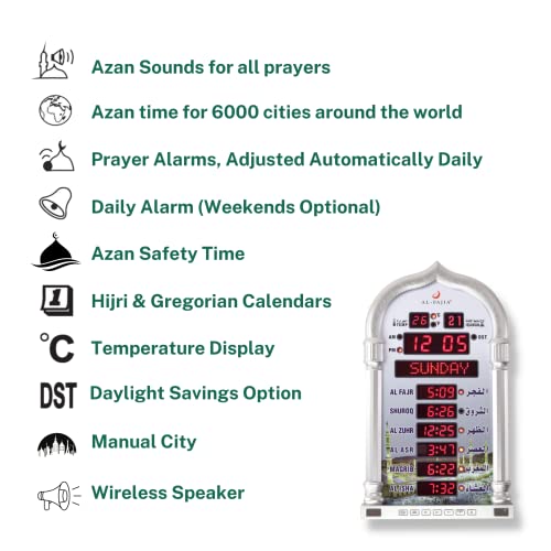 Image of Automatic Worldwide Digital 8 Azan Prayer Sounds and Athan Time Reminder Wall and Desk Large Clock for USA 4008PRO (Silver)