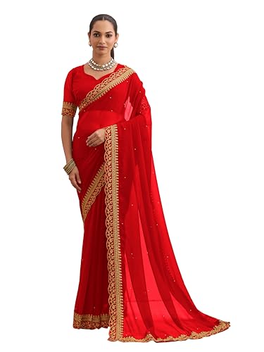 Image of Women's Georgette Embroidery Border Beads work Saree with Blouse Piece