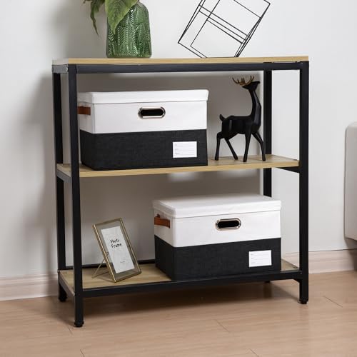 Image of PRANDOM Foldable Storage Bins with Lids [3-Pack] Fabric Collapsible Storage Boxes Baskets Cubes Containers with Handles for Closet Living Room Bedroom (Black & White 14.9x9.8x9.8'')