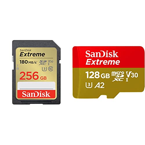 SanDisk 256GB Extreme SDXC UHS-I Memory Card & 128GB Extreme microSDXC UHS-I Memory Card with Adapter - Up to 160MB/s, C10, U3, V30, 4K, A2, Micro SD - SDSQXA1-128G-GN6MA