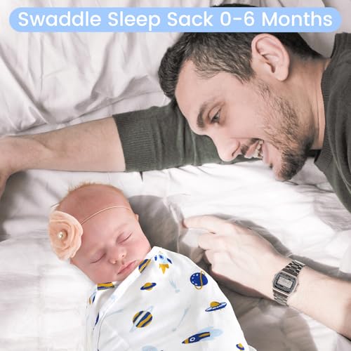 Image of david's kids 100% Cotton 3 Pack Baby Swaddle Wrap for 0-3 Months, Soft Breathable Swaddle Blanket for Newborn Infant, Adjustable Baby Wrap Sleep Sacks for Boys Girls, Newborn Essentials, Space