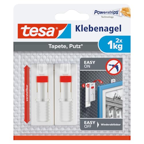 tesa Verstellbarer Klebenagel (für Tapeten und Putz 1 kg, Höhenverstellbarer, selbstklebender Wandnagel, bis zu 1 kg Halteleistung pro Nagel) 2x 1,0kg, 2er Pack 1 tesa Verstellbarer Klebenagel (für Tapeten und Putz 1 kg, Höhenverstellbarer, selbstklebender Wandnagel, bis zu 1 kg Halteleistung pro Nagel) 2x 1,0kg, 2er Pack