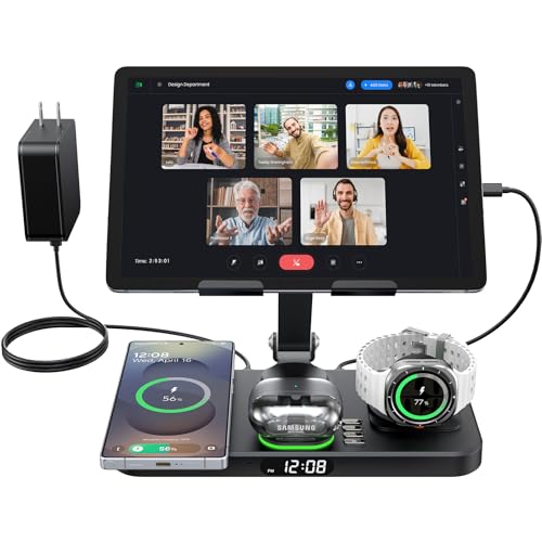 45W Wireless Charging Station for Multiple Samsung Device & Android, Foldable 20W Wired Charger Stand for Galaxy Tab with Clock & Light, Fast Charger for S25/Z Fold/Flip & Buds, Only for Galaxy Watch