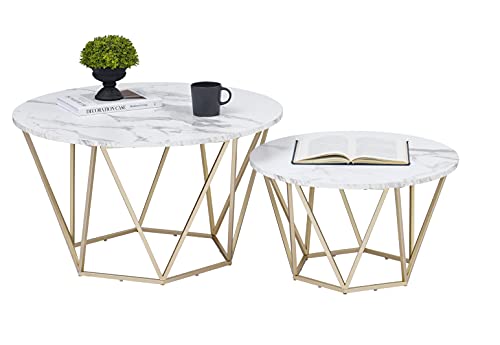 HOMOPIV Couchtisch rund 2er Set, Satztisch fürs Wohnzimmer, Beistelltisch für Schlafzimmer Balkon, Wohnzimmertisch mit goldem Metallrahmen, weißes Marmor Muster Cover