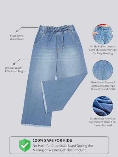 Image of olele Girls Super Jeans Collection for 4-14 Yrs | Stretchable Cotton Denim Trousers | Blue Jeans for Kids | Baggy Denim Pants | Cargo Pants for Girls