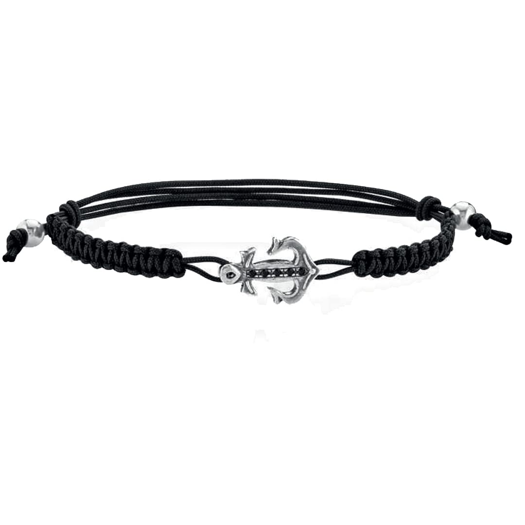 Bracciale uomo nautico laccetto regolabile nero centrale ancora portafortuna in argento 925 pietre nere