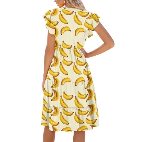 Image of Women's Casual Ruffle Sleeve Dress V Neck Pullover Dress Flowy A-Line Pleated Lightweight Dress with Pockets