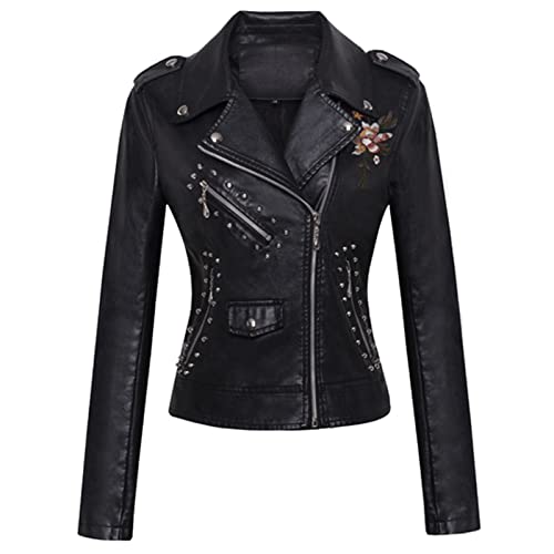 PSKSER Damen Lederjacke Anzugkragen Gestickte Blumenniete Taille Kurze gewaschene Pu-Lederjacke Mantel Trend Punk Crop Top Cover