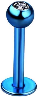 Labret Monroe Piercing BLUE with Gem PREMIUM Titanium Anodized 16g, 10mm Length, 3mm Ball Size (Standard Size) USED FOR: Lower Lip, Cheek, Dimple, Upper Side of Lip, Bottom Side of Lip
