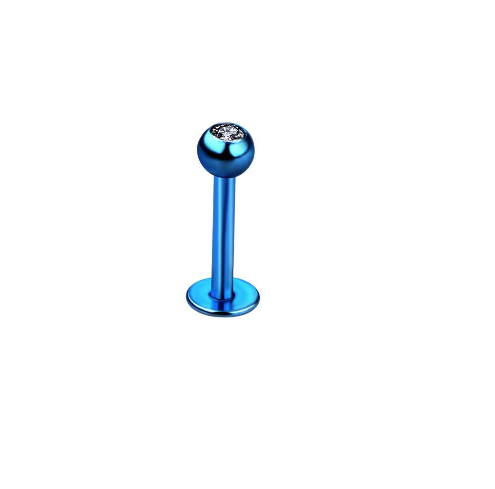 Labret Monroe Piercing BLUE with Gem PREMIUM Titanium Anodized 16g, 10mm Length, 3mm Ball Size (Standard Size) USED FOR: Lower Lip, Cheek, Dimple, Upper Side of Lip, Bottom Side of Lip