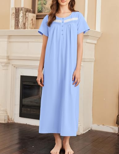 Image of Ekouaer Nightgown for Women Cotton Long Night Gown Short Sleeve Nightdress with Pockets Button Sleepshirt Soft Sleepwear