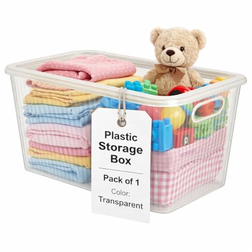 Image of Plastic Storage Box with Lid - Large Stackable Organizer Storage Box for Clothes, Toys, Kitchen - Big Size Plastic Storage Container Basket for Home, Office, Bathroom(Large,1pc,Transparent)