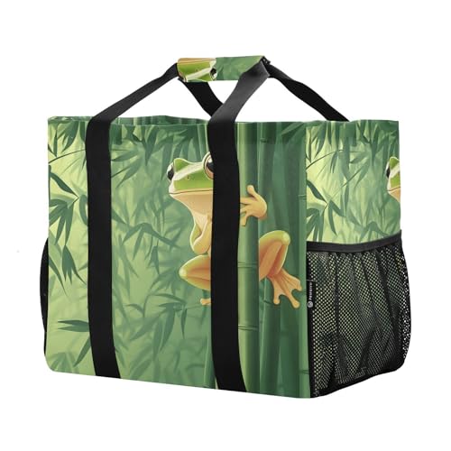 Large Waterproof Travel Tote Bag for Women Men, Cartoon Frog Forest Canvas Beach Bag with Lining & Pockets - Reusable Grocery/Laundry/Kitchen/Pool/Picnic Tote (15.4x9.8x12.8in)2