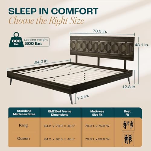 Image of Bme Georgina King Size Bed Frame and Headboard, Signature Handcrafted Geometric, US Patent Pending Design, Solid Wood, No Box Spring Needed, 12 Strong Wood Slats Support, Easy Assembly, Mocha