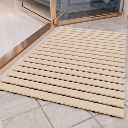Eurotex Premium Shower Mat Anti Slip, Striped Anti Skid Bath, Stand up mat for Bath, Shower, Kitchen, Anti Bactirial, Machine Washable(Beige, 61cm x 45cm) (Beige)