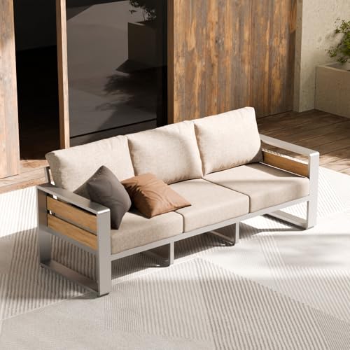 ZANDOR Outdoor Aluminum Patio Furniture - 1 Pcs 3-Seat, All-Weather Metal Modern Outside Sofa with Washable Thick Cushion for Garden/Backyard/Porch, Silver