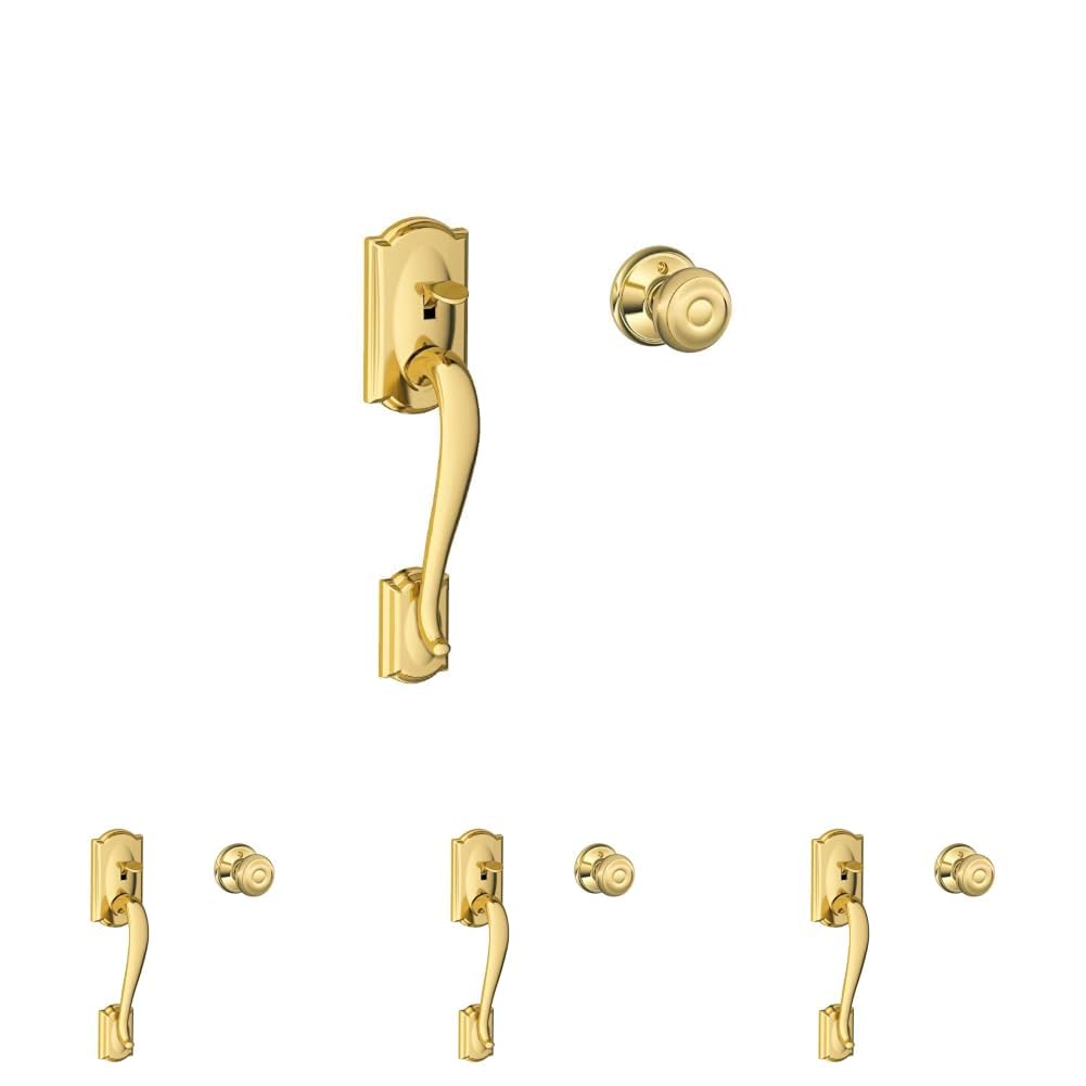 SCHLAGE FE285 CAM 505 GEO 605 Camelot Front Entry Handleset with Georgian Knob, Lower Half Grip, Bright Brass, Standard Interior Trim (Pack of 4)