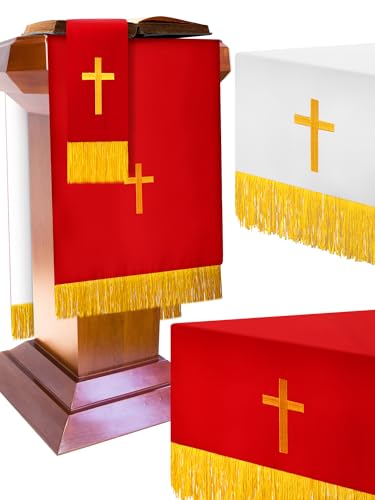 Cutecrop Set of 3 Reversible Parament Set Clergy Table Runner Bookmark Altar Cloth Pulpit Scarf with Gold Cross Church Pulpit Accessories for Christian Sanctuary Gift(Red and White)