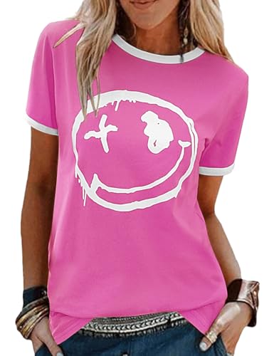 heekpek Camiseta Mujer Manga Corta Mujer Tops Verano Casual Cuello Redondo Camisa Algodon T Shirt con Estampado, Rojo Rosa, M