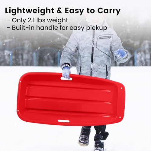 2 Pack Snow Sled for Kids with 16.5ft Pull Rope & Handle - 3ft Cold-Resistant Plastic Toboggan Sled for Winter Downhill Fun - Stackable Lightweight Sled for Adults Outdoor Snow Play - Red