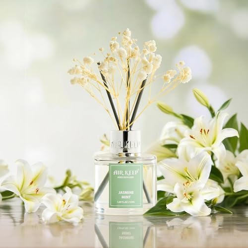 Image of Airkeep Reed Diffuser Set,1.69 fl oz (50 ml) - Jasmine Mint Oil Diffusers with 8 Reed Sticks,Home Fragrance Reed Diffuser for Bathroom Shelf Decor