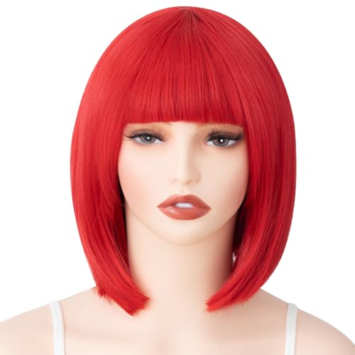 Image of Rose bud Red Wig Bob Straight 12 Inch Short Hair Cosplay Wigs for Women Costume Party Halloween