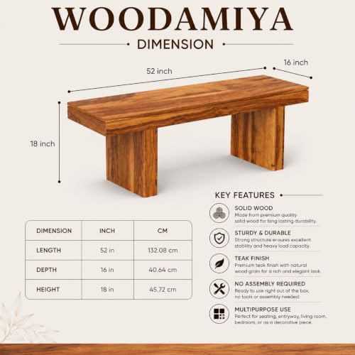 Image of Strong & Durable Solid Wood Bench for Home, Office & Waiting Area | Multipurpose Bench with Comfortable Seating | Up to 320 kg Seating Capacity | Teak Finish | 52 x 16 x 18 Inch | Easy DIY