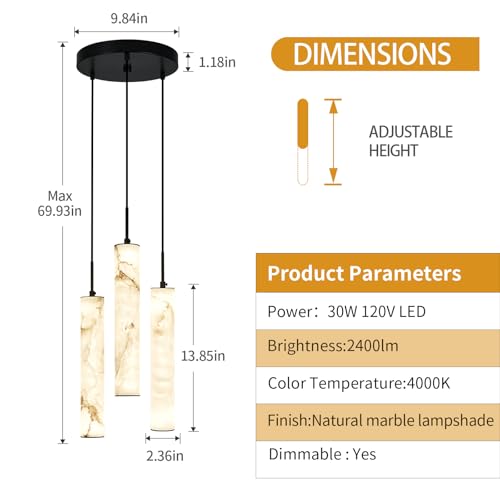 Image of LMQNINE Natural Alabaster Pendant Lights for Kitchen Island White Marble Long Tube Chandelier 4000K Modern Black Ceiling Light Fixtures for Bedroom Dining Room Living Room Hallway(Y-3Light-Crackle)
