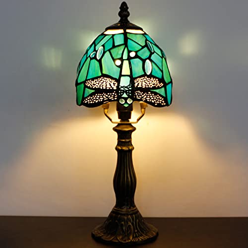 Rhlamps Small Tiffany Lamp Stained Glass Table Lamp Green Blue Dragonfly Style, 14" Tall Luxury Mini Accent Lamp, Memory Lamp For Bedroom Living Room Library #TOP4