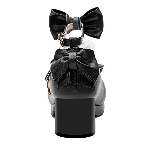 100FIXEO Women's Kawaii Platform Ankle Strap Chunky Heel Mary Jane Pumps Cute Closed Toe Goth Strappy Bow Lace Party Dress Shoes4