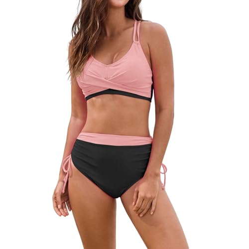 Mujer Trajes De Baño De Dos Piezas Empalmador Bloque De Colores De Talle Alto Elegante Cuello V Bikini Set Chic Vintage Espalda Descubierta Push Up Conjunto Grandes Pechos Bohemio Conjunto Dos Piezas