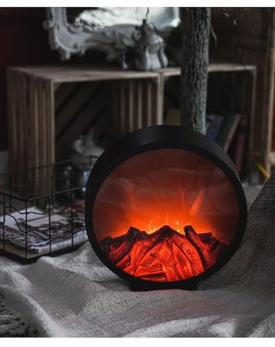 Image of Small Cozy Fireplace Lantern Traditional Realistic Log Wood Burning Flame Effect Ligh LED Charcoal Style Table LampFor Indoor & Outdoor Use
