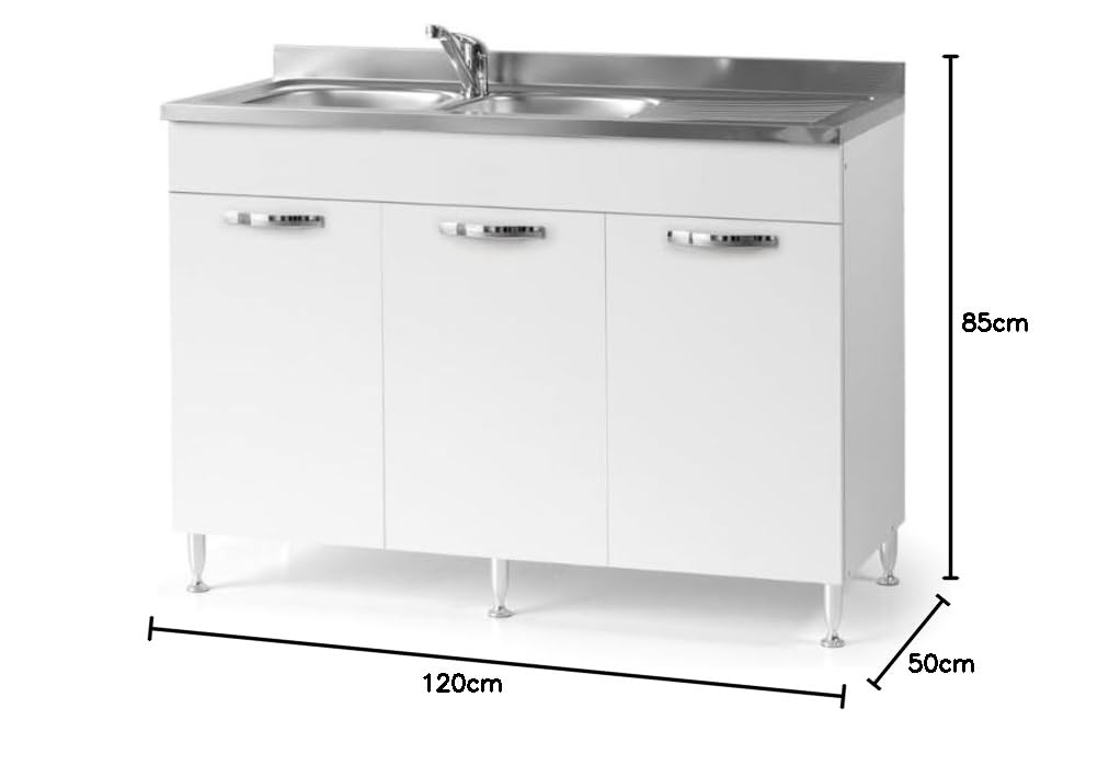 Linea Azzurra Sottolavello 120 Solo Mobile Cucina con 3 Ante in Legno Made in Italy H85xL120xP50 cm Facile da Montare (Vasca a Sinistra, Bianco Frassinato)