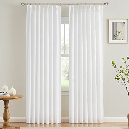 Image of Vision Home White Pinch Pleated Semi Sheer Curtains Textured Light Filtering Window Curtains 108 inch for Living Room Bedroom Rayon Blended Pinch Pleat Drapes with Hooks 2 Panels 40 inch Wx108 L