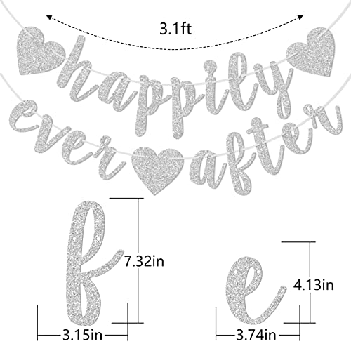 Image of Happily Ever After Silver Glitter Bunting Banner, Engagement, Bridal Shower, Wedding Party Photo Booth Props Signs,Pre-Strung Cursive Bunting