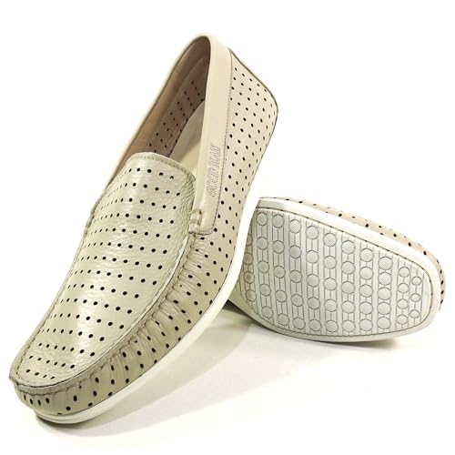 Men's Perforated Leather Loafers, Soft Beige, Comfort Slip-On Summer Shoes with White Sole, Size 42 EU3