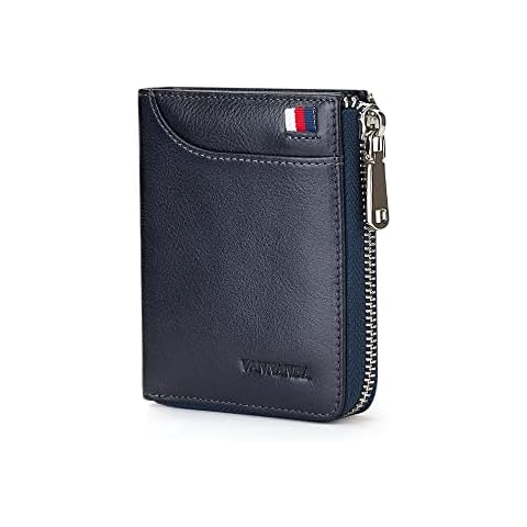 VANNANBA Mens Zipper Leather Wallets RFID Blocking Credit Card Holder with Gift Box, Dark Blue, Vintage Cover