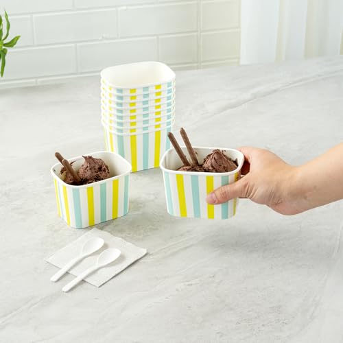 Image of Restaurantware Paper Cups 200 Count 12 Ounce Square Disposable Ice Cream Containers, Leak-Resistant Paper Dessert To Go Cups, Hot And Cold Food, Durable Blue And Green Stripe, Lids Sold Separately