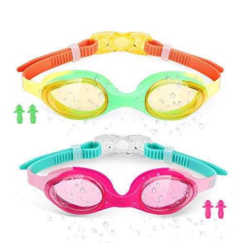 Wetek - Gafas de natación para niños (2 unidades, para niños de 4 a 12 años, antiniebla, protección UV, sin fugas, tamaño ajustable, con 4 tapones para los oídos)