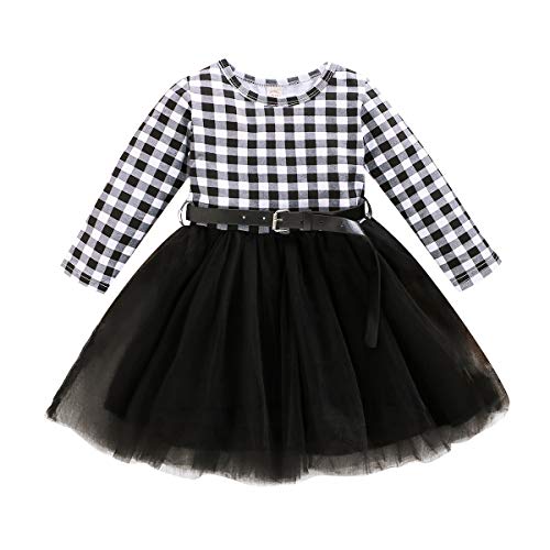 Toddler Baby Girls Christmas Clothes Buffalo Plaid Ruffle Long Sleeve Tulle Lace Skirt Tutu Dress Princess Outfits (White-Plaid Dress with Belt, 1-2T)