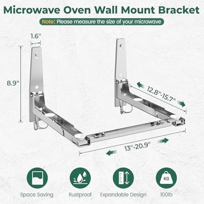 EsLuker.ly Universal Stainless Steel Microwave Oven Wall Mount Bracket with Removable Hooks, Arm Adjustable Foldable Kitchen Stretch Oven Stand Shelf Rack Load 100 lb, Silver