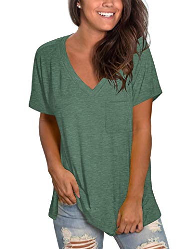TODOLOR V Neck T Shirts for Women Short Sleeve Tunic Tops for Legging Casual Tshirts Green L