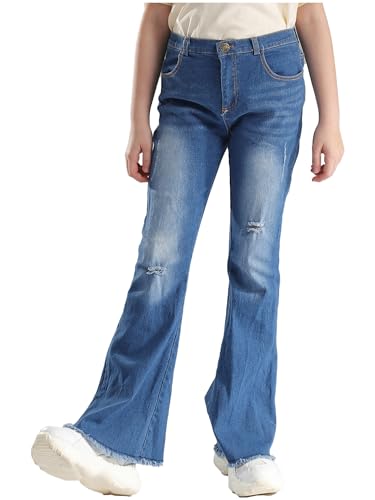 TiaoBug Kids Girls Ripped Raw Hem Flare Jeans Denim Bell Bottom Pants Casual Destroyed Wide Leg Leggings Trousers2