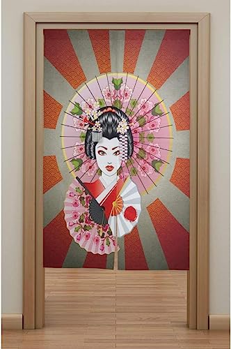 芸者 さくら のれん おしゃれ ロング 目隠し 間仕切り 綿麻, 和風 芸者 桜 暖簾 ドア カーテン 障子 戸口 居間 出入り口 玄関 小窓 リビング キッチン 台所 部屋 着替え室 洋室 和室 居酒屋 料理屋 室内 インテリア かわいい のれん棒付き