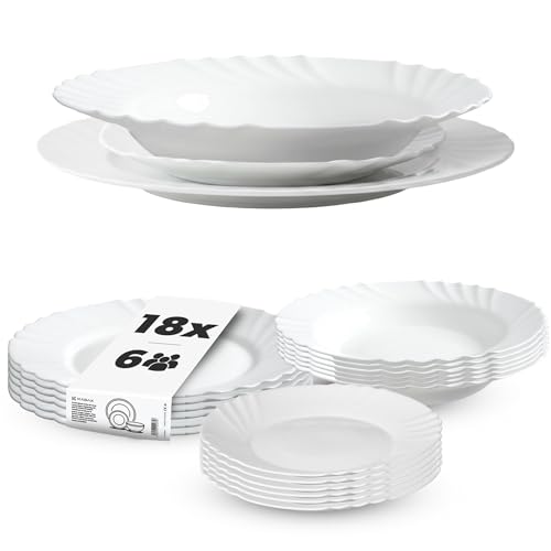 KADAX Vajilla de 18 piezas, juego de vajilla para 6 personas, con plato hondo, plato de postre y plato llano, juego de platos de cristal opal, juego de vajilla (blanco)