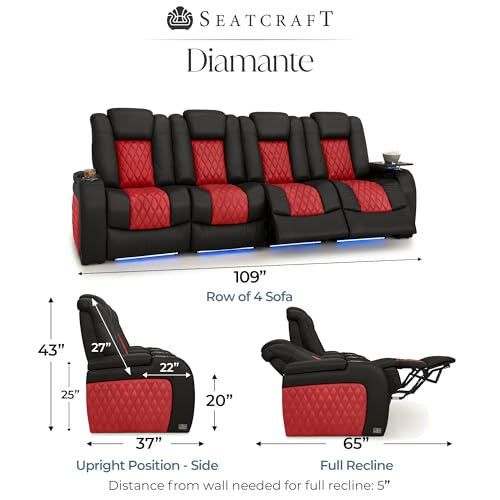 Image of Seatcraft Diamante Black /Red Italian Leather Home Theater Seating, Zero Gravity Power Recliner, Gaming and Home Office Chair, Powered Headrest Furniture for Family Cinema Room, Row of 4 Sofa
