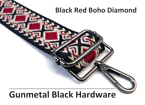 Image of Black Red Boho Diamond Purse Strap with Gunmetal Black Hardware 2 Inch Wide Replacement Crossbody Guitar Style Shoulder Strap for Handbags Totes
